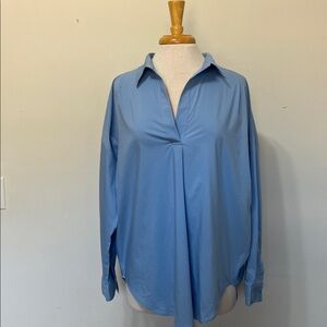 Magaschoni French Blue Long Sleeve Popover Split Neck Tunic Shirt Top Large